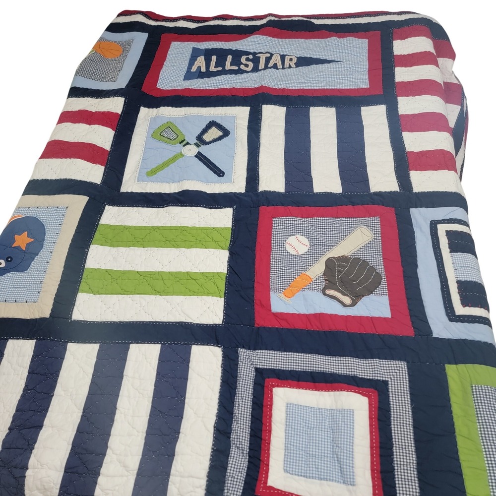 Pottery Barn Kids All Star Sports Quilt Navy Blue Red Cotton Full Queen 86x86